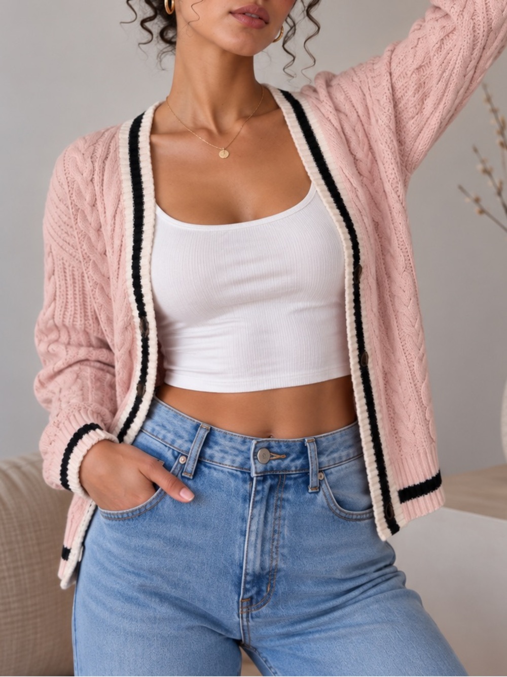Women’s Pink Cable Knit Cardigan with Contrast Trim